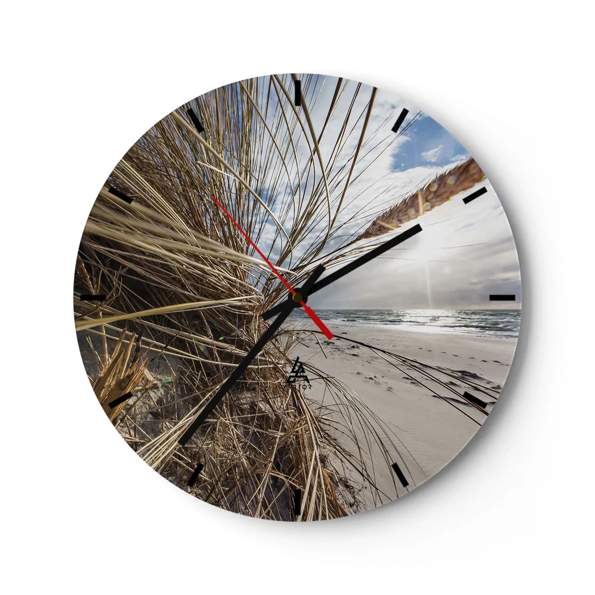 Wall clock - Clock on glass - Beach landscape with a view of the sea through the grass - 30x30cm - Enounter of the Elements - Modern wall decoration for the living room, kitchen, and bedroom ARTTOR