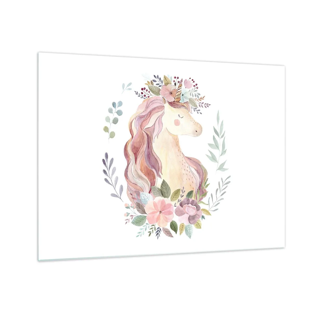 Glass picture - A cartoon unicorn with a pastel flower mane - 70x50cm - Invitation to the Fairytale World - Modern wall decoration for the living room and bedroom ARTTOR
