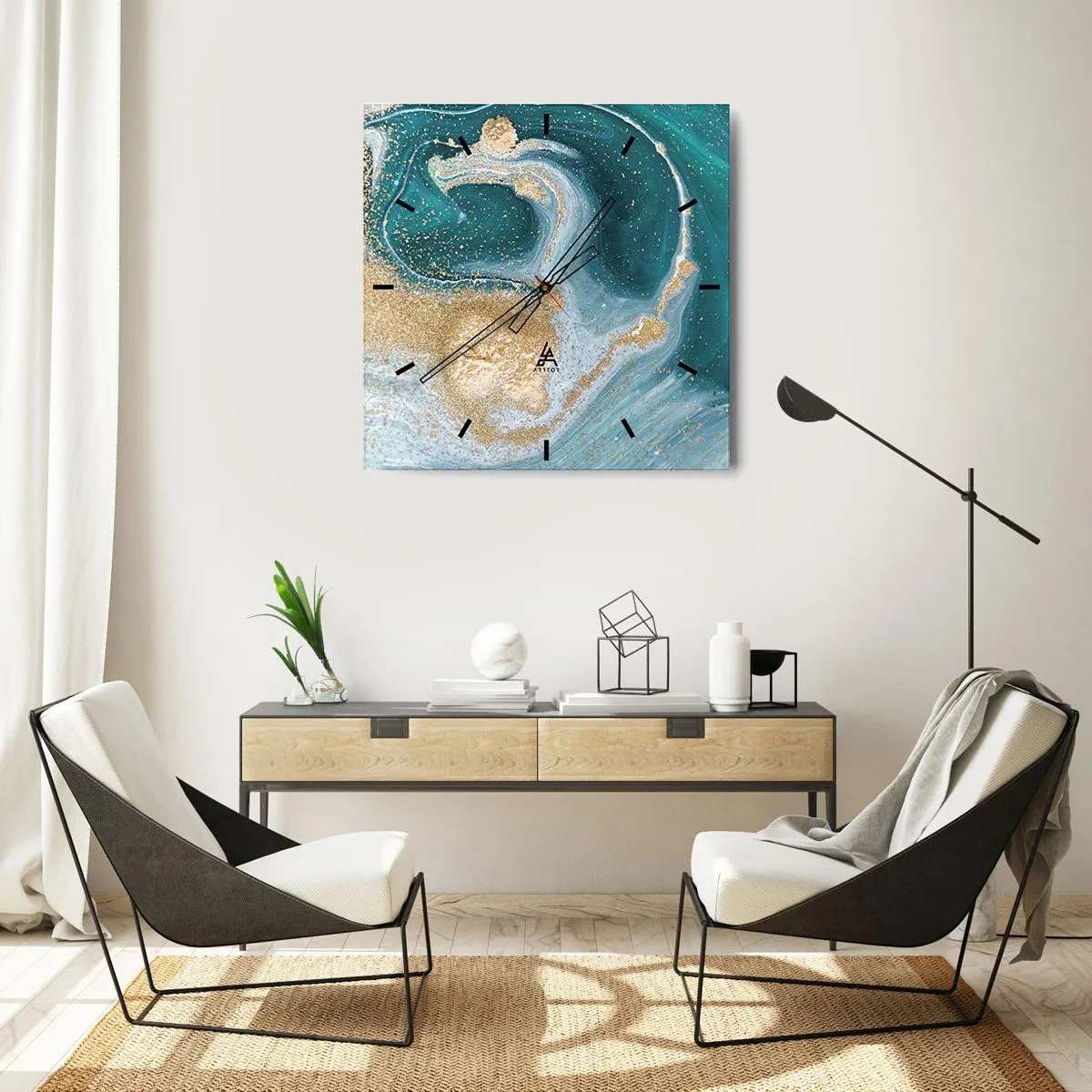 Wall clock - Clock on glass - Swirl of Gold and Turquiose - 40x40 cm
