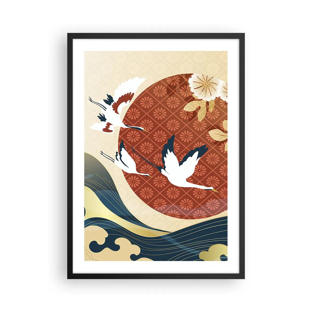 Poster in black frame - Japanese composition with cranes, waves and a red circle - 50x70cm - Japanese Tale - Modern wall decoration for the living room and bedroom ARTTOR