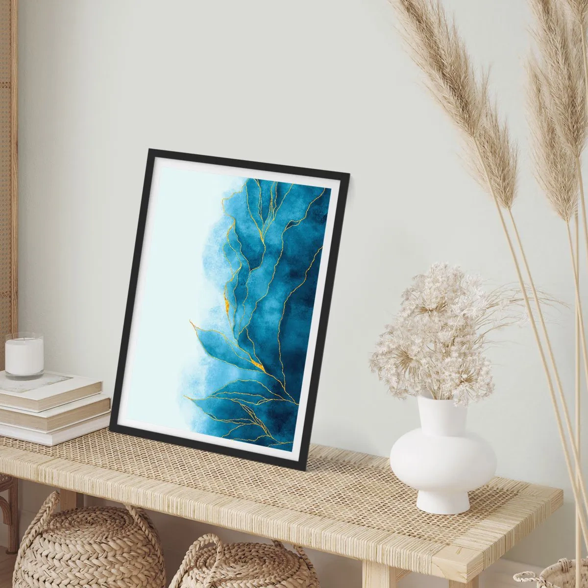 Poster in black frame - An abstract composition in shades of blue with golden lines. - 50x70cm - Blue In Gold - Modern wall decoration for the living room and bedroom ARTTOR