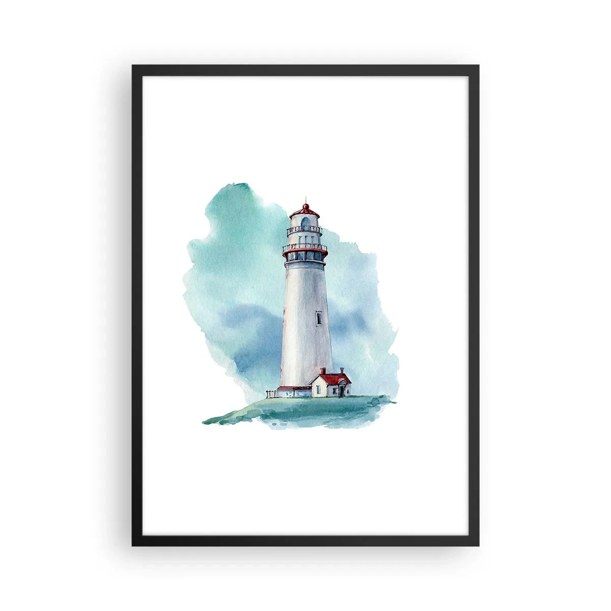 Poster in black frame - A painterly illustration of a lighthouse surrounded by a blue sky. - 50x70cm - Gentle Sister of Blue - Modern wall decoration for the living room and bedroom ARTTOR