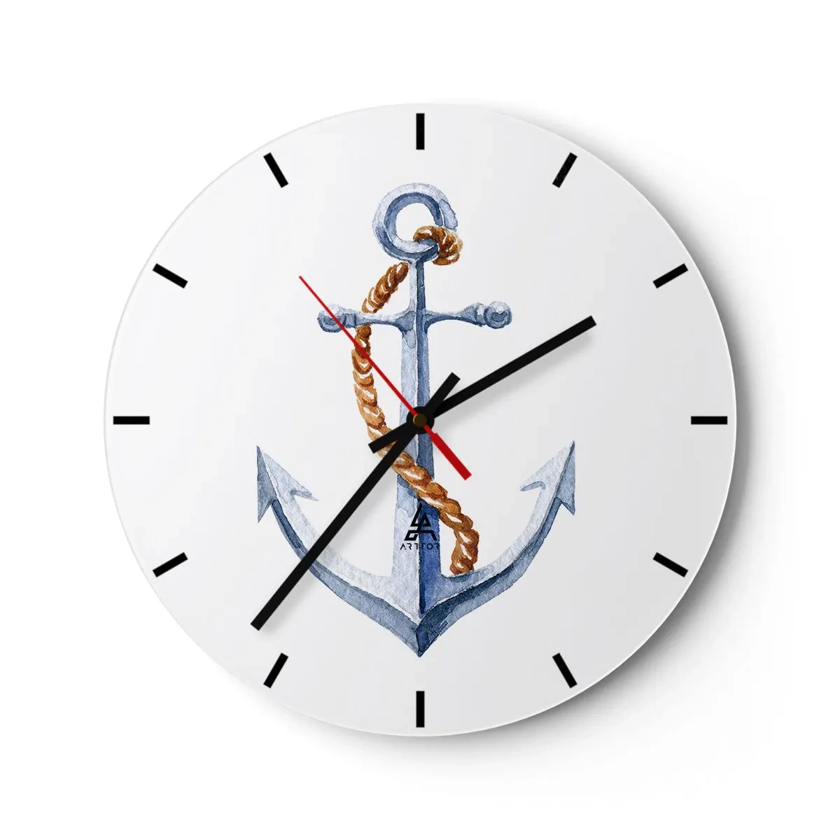 Wall clock - Clock on glass - Anchor with rope on a white background - 30x30cm - Ahoy Adventure! - Modern wall decoration for the living room, kitchen, and bedroom ARTTOR