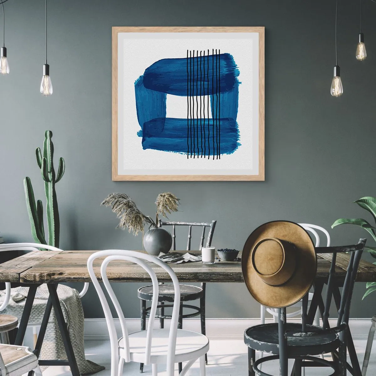 Poster in light oak frame - Blue and Black Composition - 40x40 cm