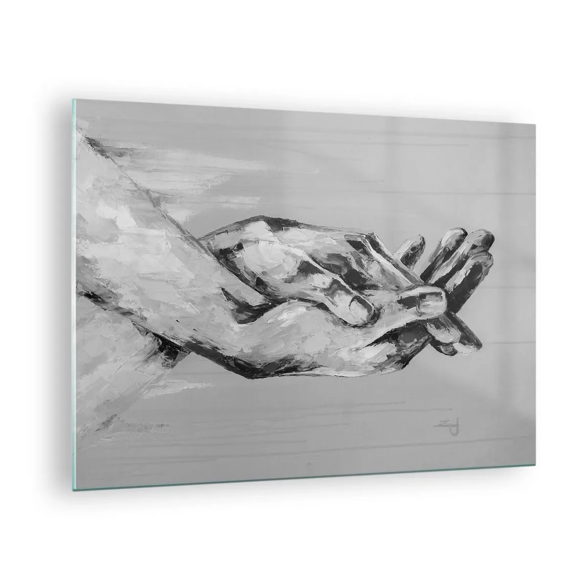 Glass picture - Black and white painting of two hands reaching for each other - 70x50cm - The Beginning… - Modern wall decoration for the living room and bedroom ARTTOR