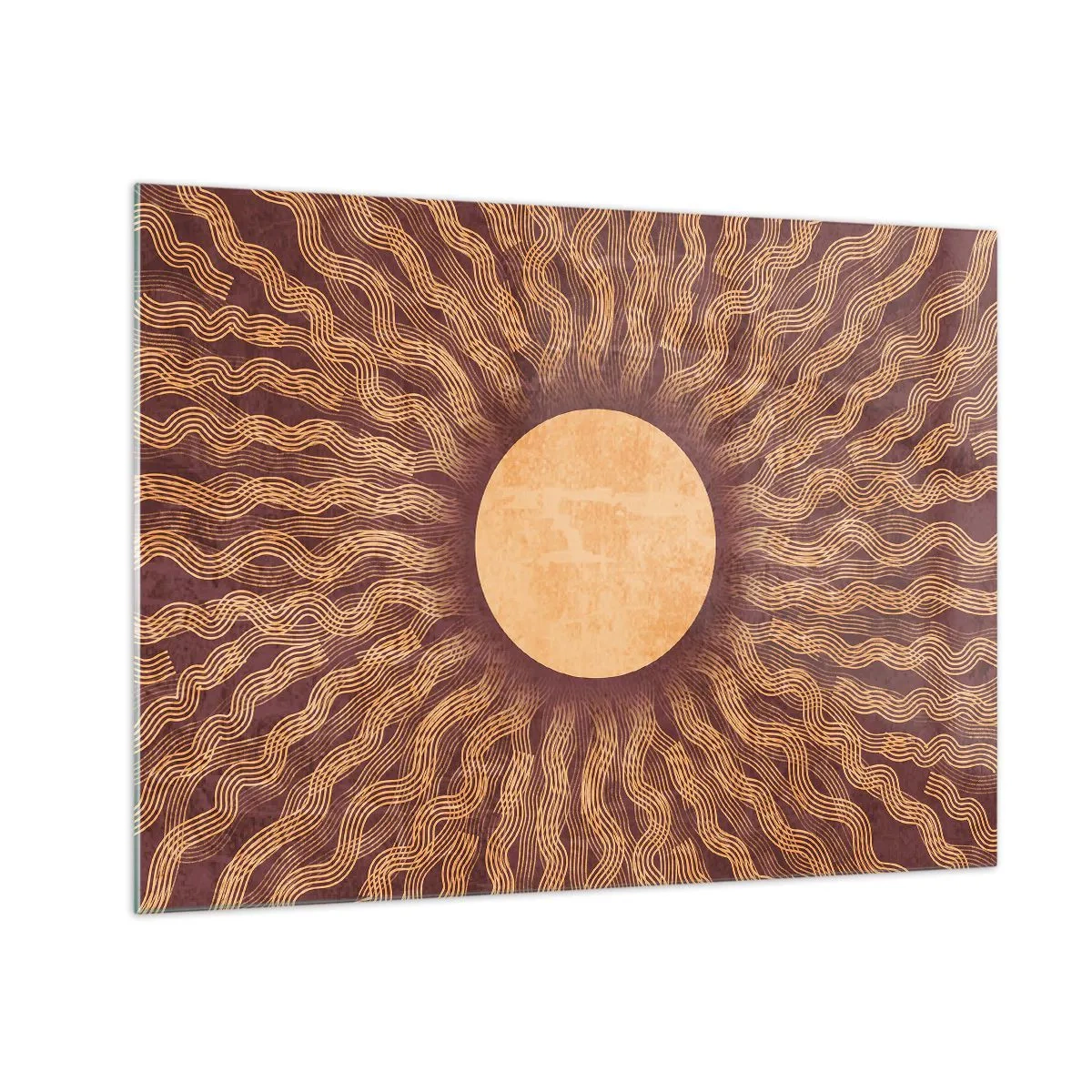 Glass picture - A stylized sun with rays in the form of wavy lines on a brown background. - 70x50cm - Sun Icon - Modern wall decoration for the living room and bedroom ARTTOR