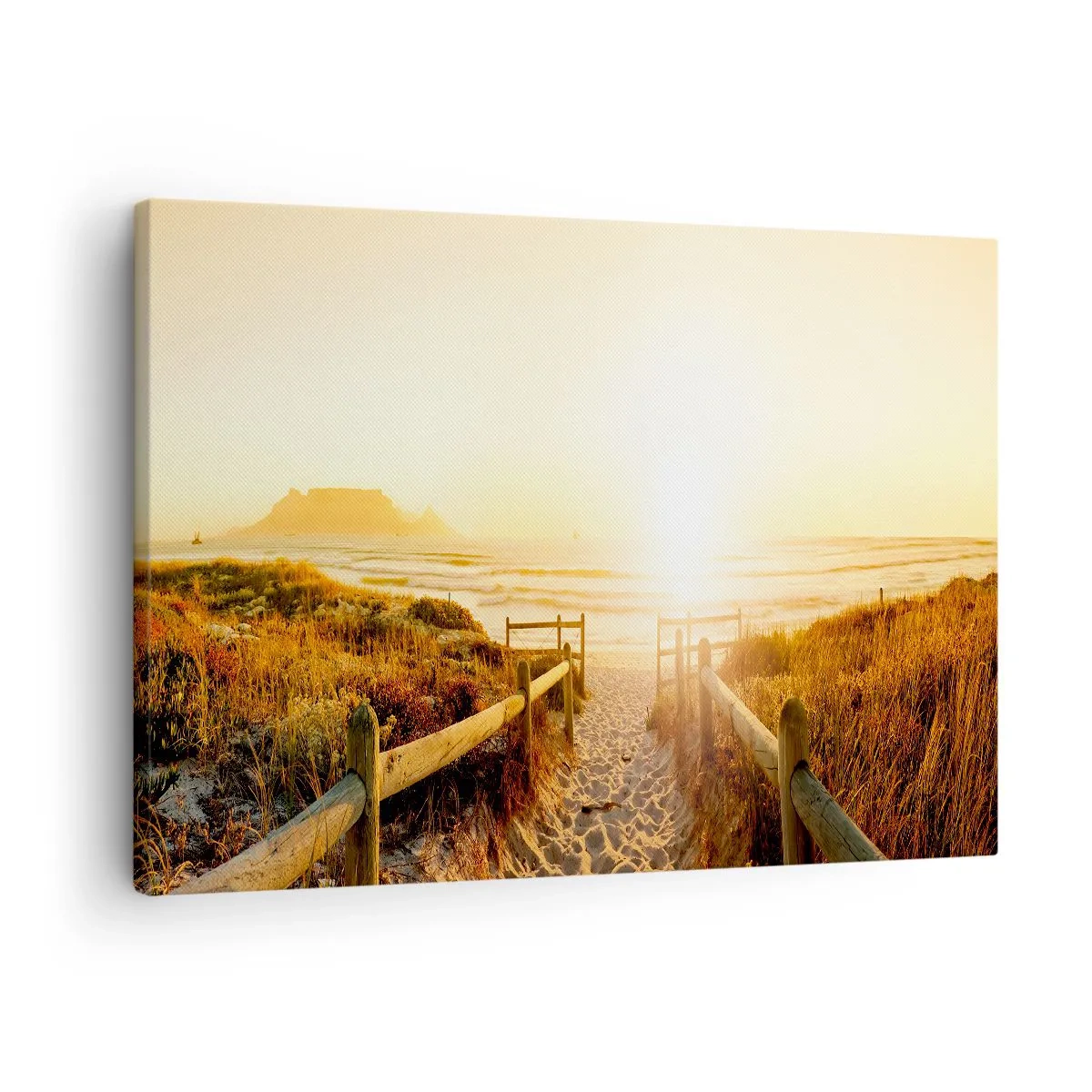 Canvas picture - Path to the beach during a golden sunset - 70x50cm - Through the Dune, Towards the Sun - Modern wall decoration for the living room and bedroom ARTTOR