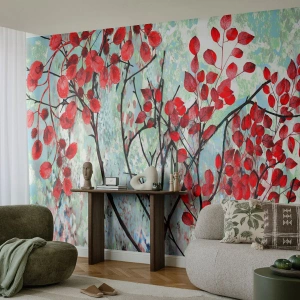 Custom Self-Adhesive Wallpaper Deluxe Sticker - Tree in Scarlet - Abstraction, Red Leaves, Branch