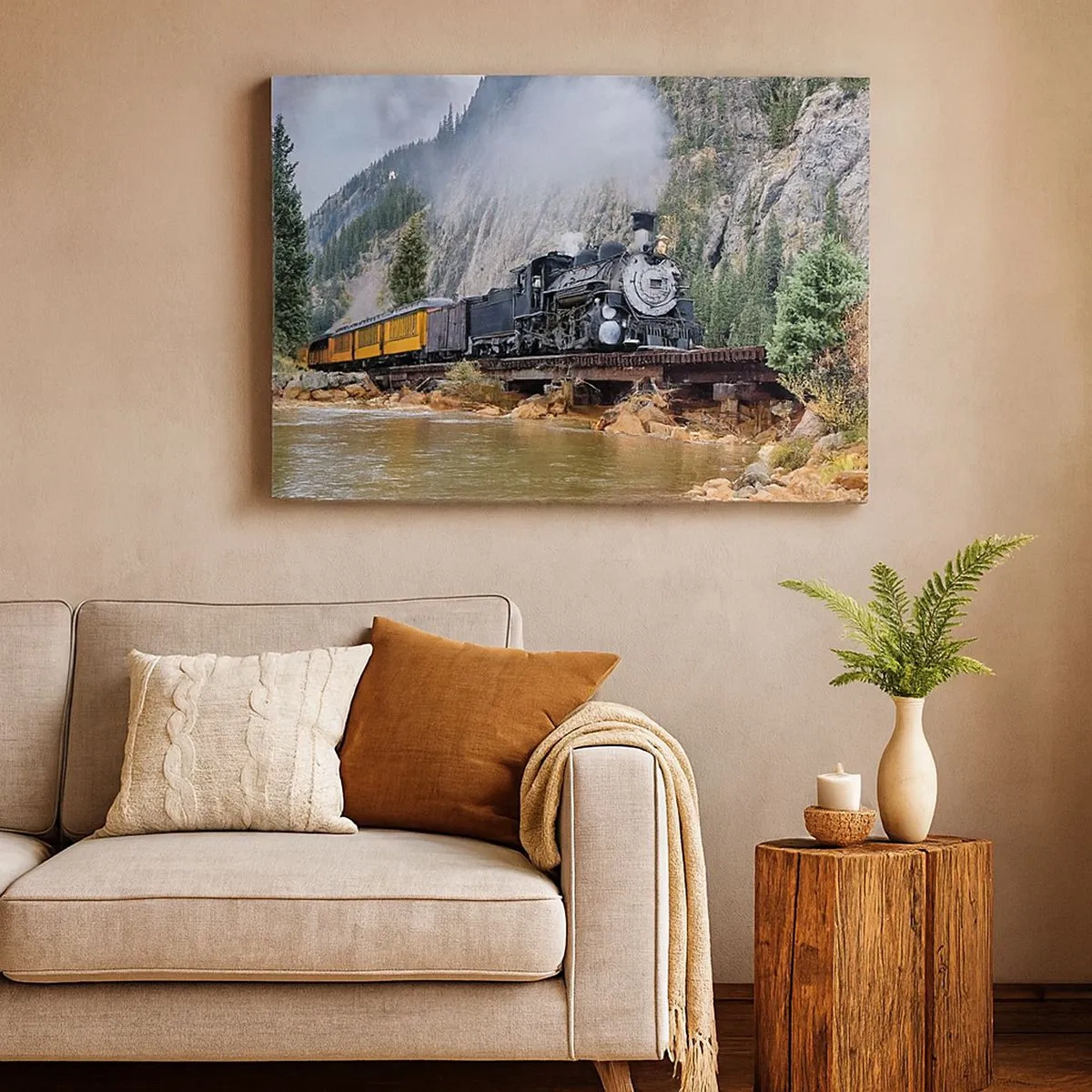 Canvas picture - A steam locomotive on a bridge in a picturesque mountain landscape - 70x50cm - Where Are You off to? - Modern wall decoration for the living room and bedroom ARTTOR
