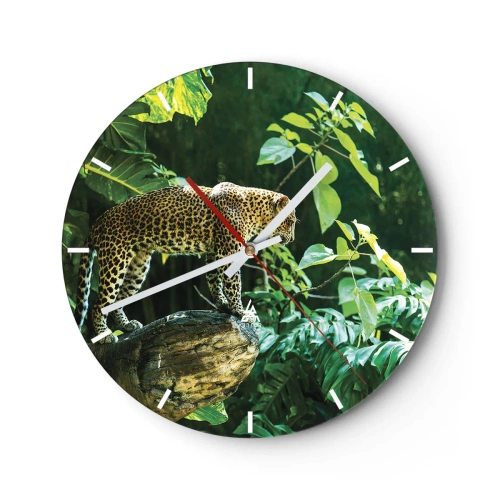 Wall clock - Clock on glass - Leopard in the jungle against a background of green leaves - 30x30cm - Going Hunting? - Modern wall decoration for the living room, kitchen, and bedroom ARTTOR