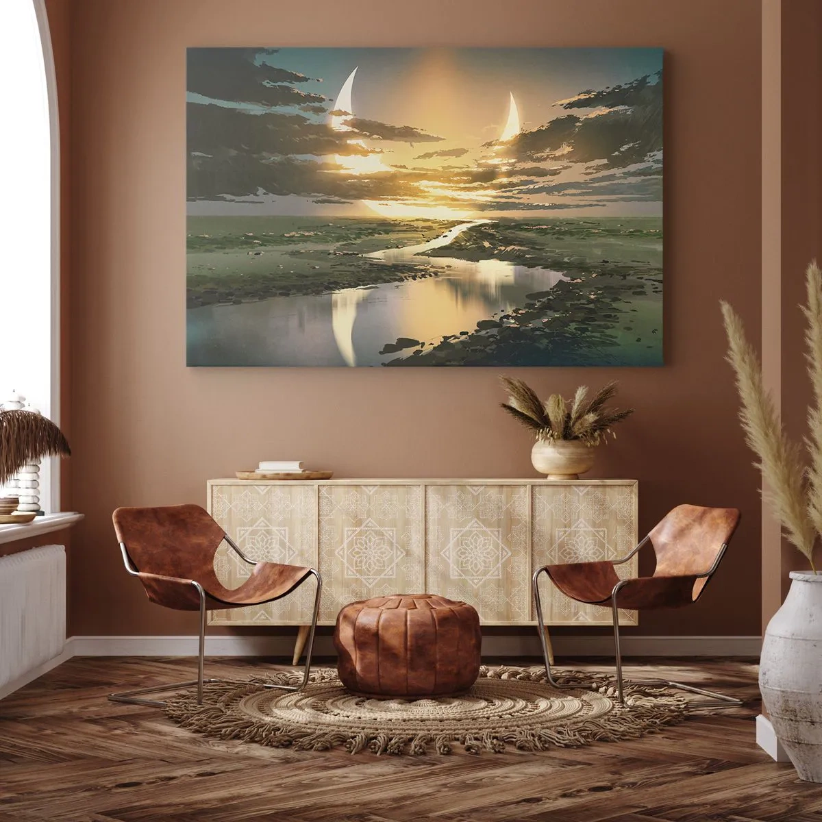 Canvas picture - A fantastic landscape with two moons on the horizon - 70x50cm - Somewhere in a Distant Galaxy - Modern wall decoration for the living room and bedroom ARTTOR