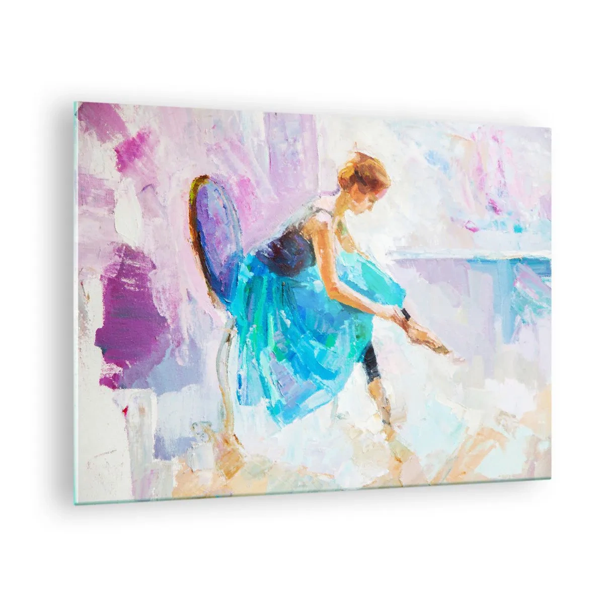 Glass picture - A ballerina in a blue dress against an impressionist background - 70x50cm - Unspeakable Grace, Subtle Charm - Modern wall decoration for the living room and bedroom ARTTOR