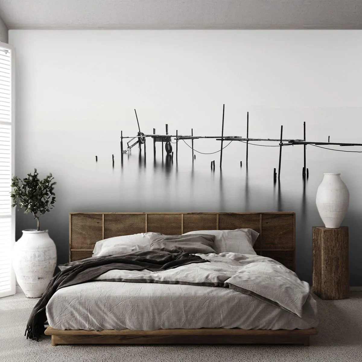 Photo Wallpaper Standard Eco - A minimalist wooden jetty on calm water - 100x70cm - And If the World Doesn't Exist? - Modern wall decoration for the living room and bedroom ARTTOR