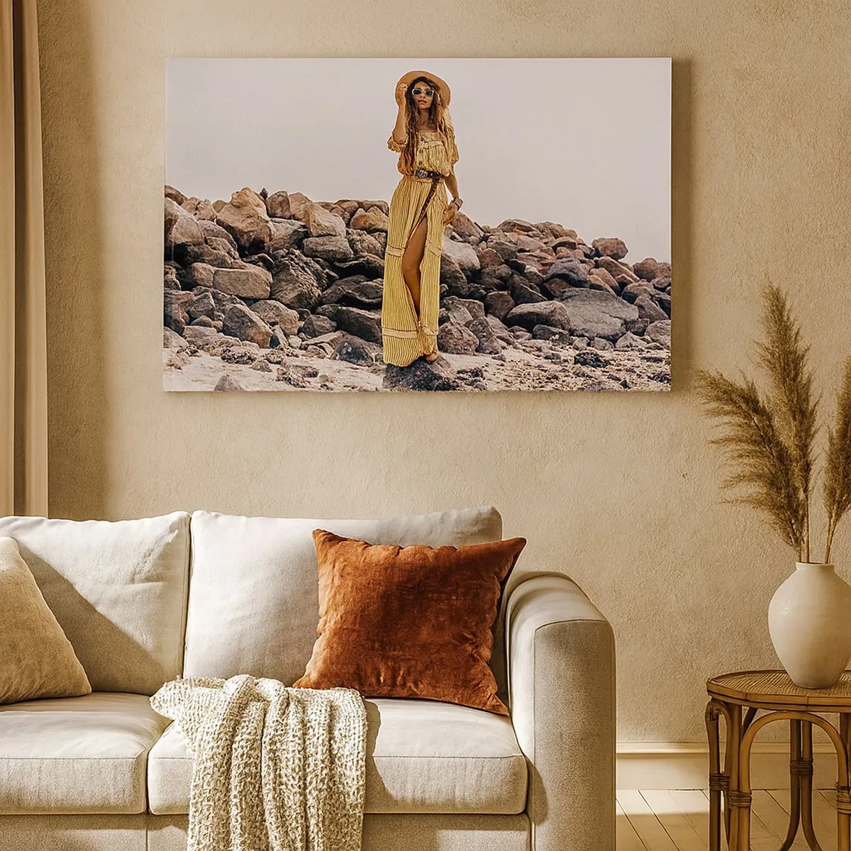 Canvas picture - A woman in boho style against a rocky beach background - 70x50cm - The Magic of Stones - Modern wall decoration for the living room and bedroom ARTTOR