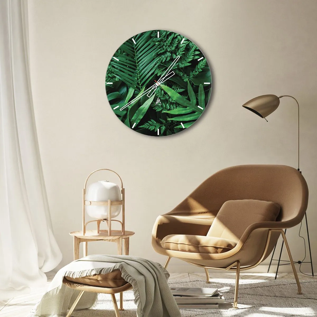 Wall clock - Clock on glass - Tropical green leaves create a dense, natural composition - 30x30cm - In a Green Hug - Modern wall decoration for the living room, kitchen, and bedroom ARTTOR