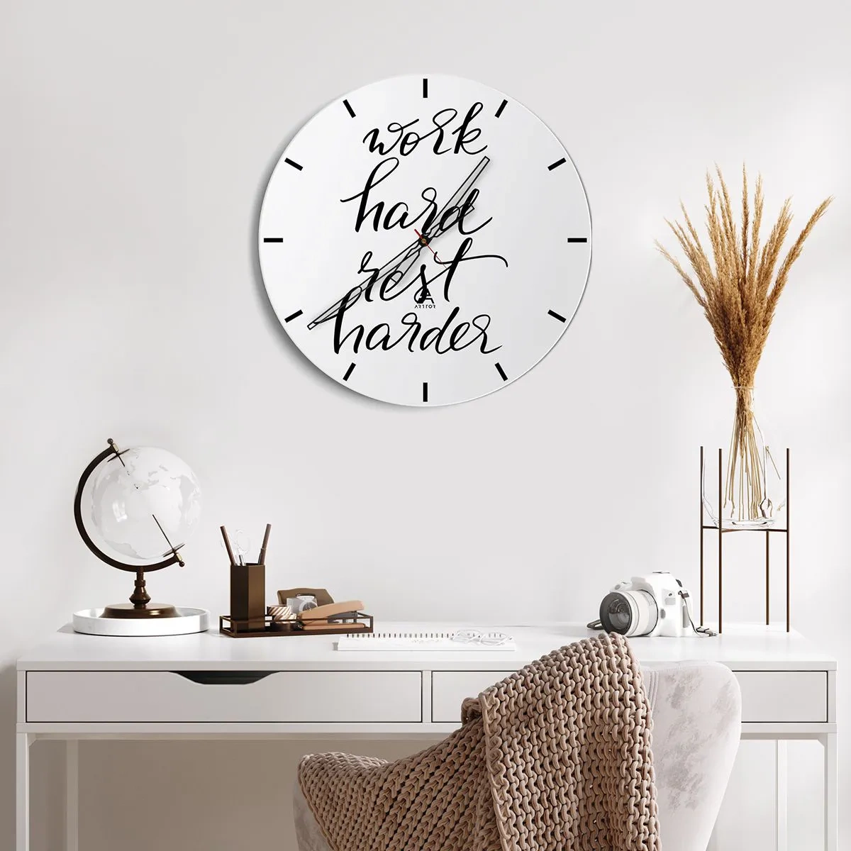Wall clock - Clock on glass - Black and white inscription work hard rest harder on a white background - 30x30cm - Life Balance - Modern wall decoration for the living room, kitchen, and bedroom ARTTOR