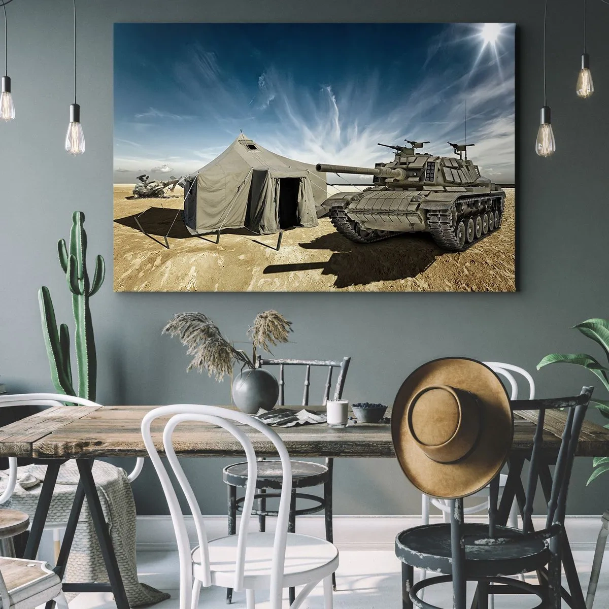 Canvas picture - A tank next to a military tent in a desert area - 70x50cm - Military Dream - Modern wall decoration for the living room and bedroom ARTTOR