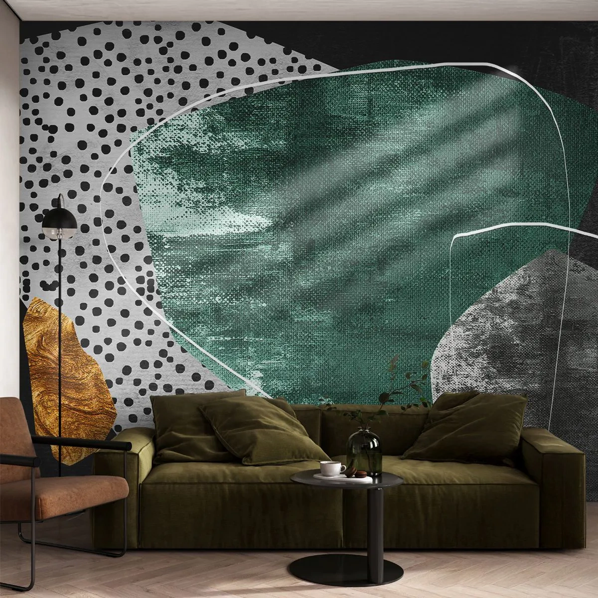 Photo Wallpaper Standard Eco - Colourful Abstract with a Golden Petal - Abstraction, Texture, Collage - 500x350 cm