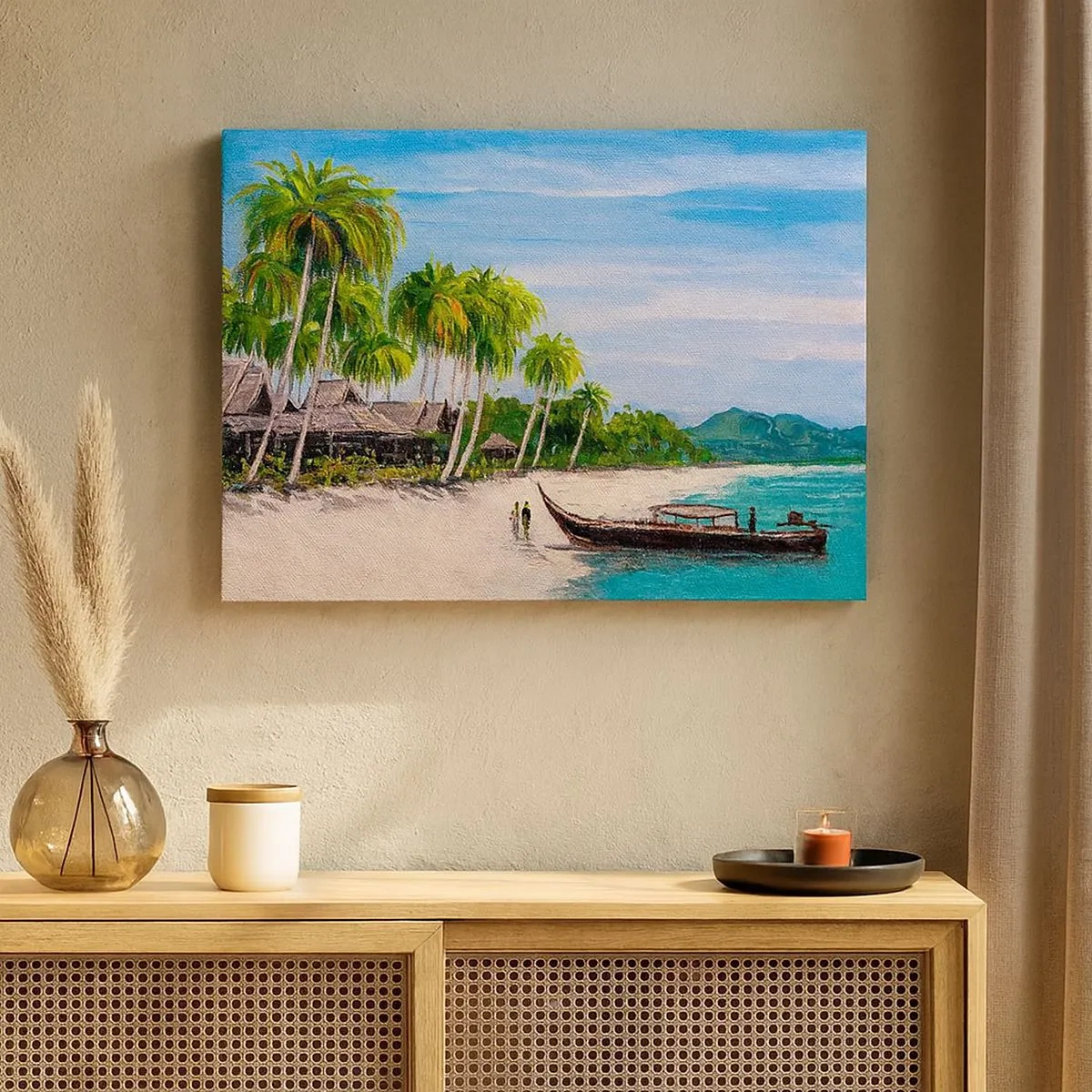 Canvas picture - An exotic beach with palm trees and a boat at the shore - 70x50cm - Exotic Dream - Modern wall decoration for the living room and bedroom ARTTOR