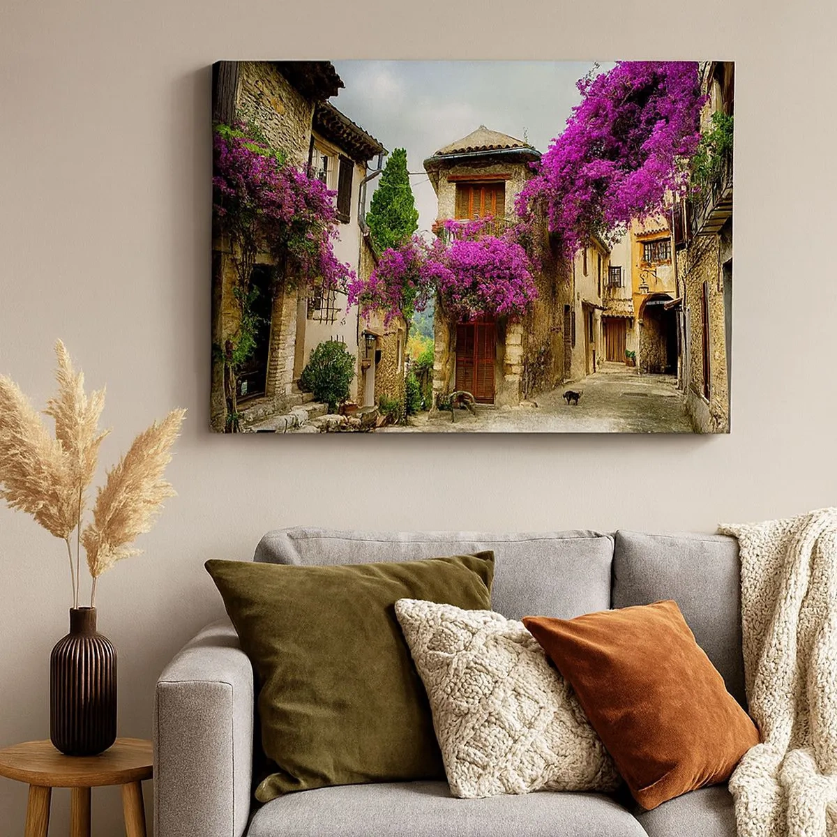 Canvas picture - A stone street with pink flowers and houses - 70x50cm - Under a Flowery Canopy - Modern wall decoration for the living room and bedroom ARTTOR