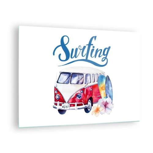 Glass picture - Surfing theme with van and boards - 70x50cm - Surfer's Van - Modern wall decoration for the living room and bedroom ARTTOR