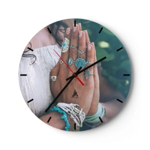 Wall clock - Clock on glass - Hands with boho jewelry against a natural background - 30x30cm - Welcome to the Centre of Wellbeing - Modern wall decoration for the living room, kitchen, and bedroom ARTTOR
