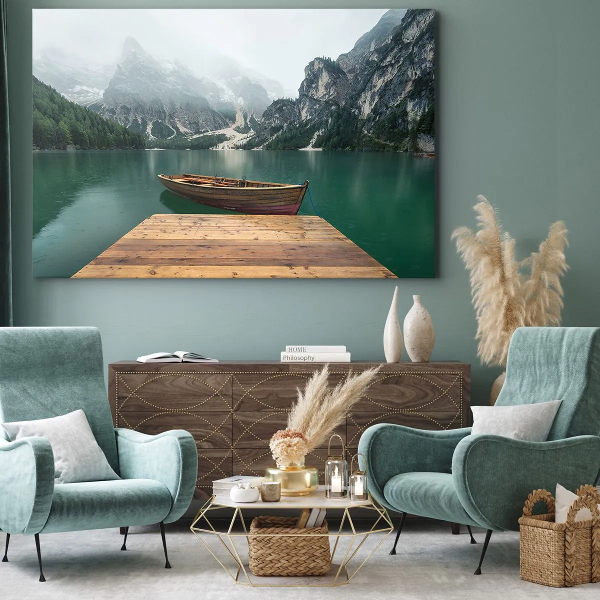 Canvas picture - A wooden boat at a pier on a lake surrounded by mountains - 70x50cm - Boat Found Solitude - Modern wall decoration for the living room and bedroom ARTTOR