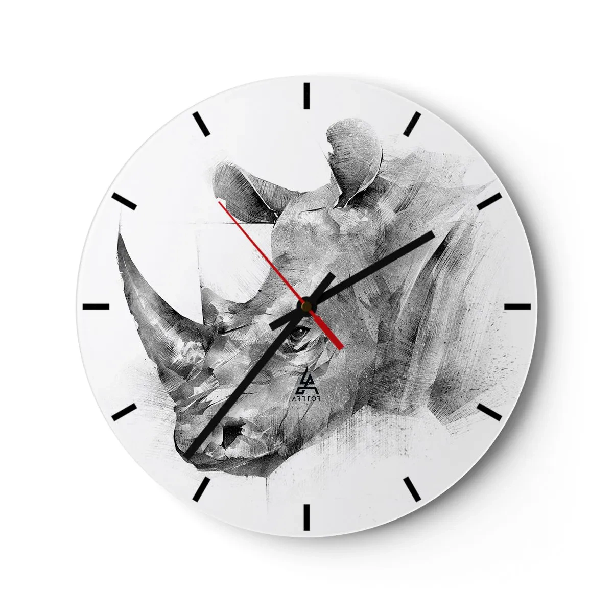 Wall clock - Clock on glass - Sketch style portrait of a rhinoceros - 30x30cm - African Portrait - Modern wall decoration for the living room, kitchen, and bedroom ARTTOR