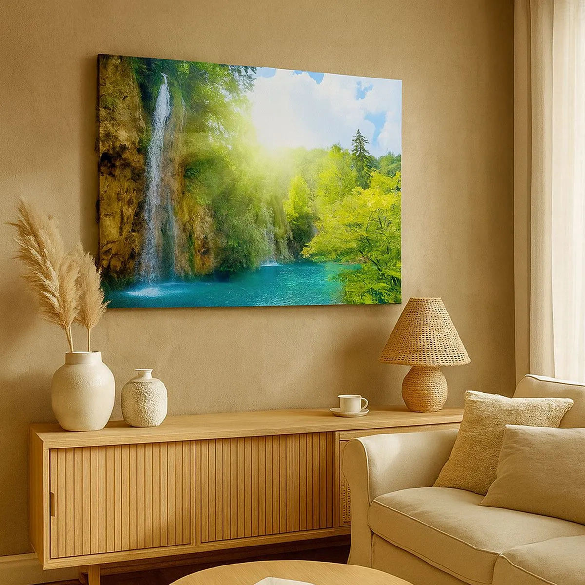Canvas picture - A waterfall flowing into a turquoise lake surrounded by greenery - 70x50cm - This Must Be Eden - Modern wall decoration for the living room and bedroom ARTTOR