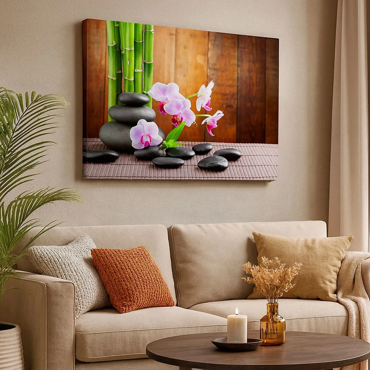 Canvas picture - Zen-style bamboo, stones, and pink orchids on a wood background - 70x50cm - Get to Know Pleasures of the East - Modern wall decoration for the living room and bedroom ARTTOR