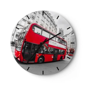 Wall clock - Clock on glass - A red bus in London with historic buildings in the background - 30x30cm - Traditional London -By Bus - Modern wall decoration for the living room, kitchen, and bedroom ARTTOR