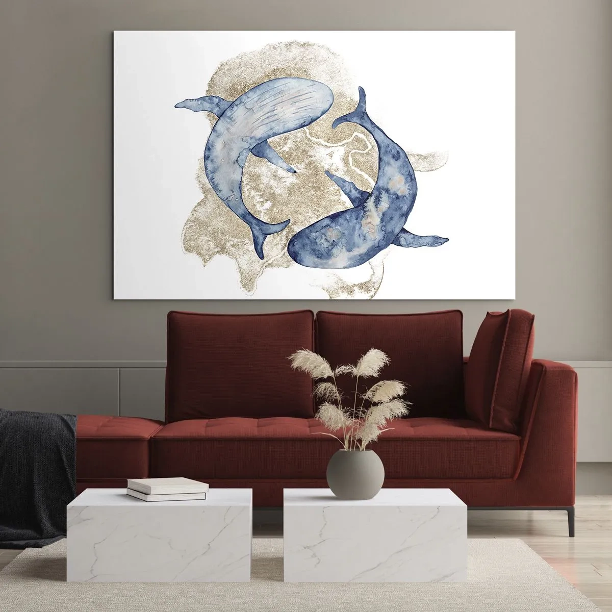 Glass picture - Two blue whales against a background of abstract golden spots - 70x50cm - Frendship or Love? - Modern wall decoration for the living room and bedroom ARTTOR