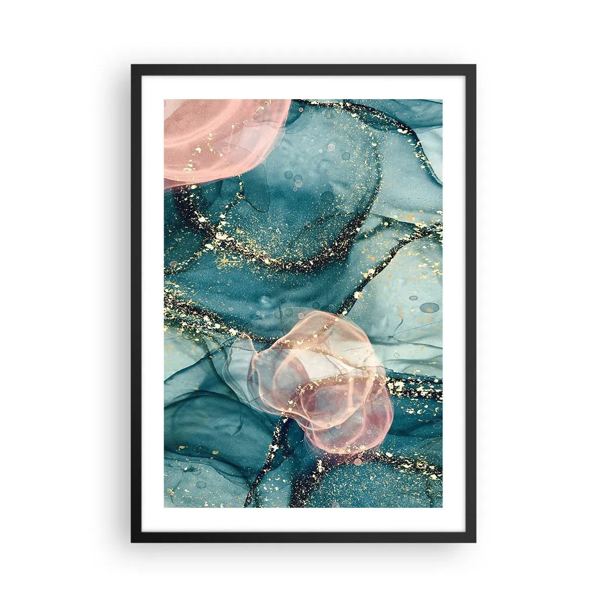 Poster in black frame - An abstract composition in shades of turquoise and gold. - 50x70cm - Silm Blue, Tulle Pink - Modern wall decoration for the living room and bedroom ARTTOR