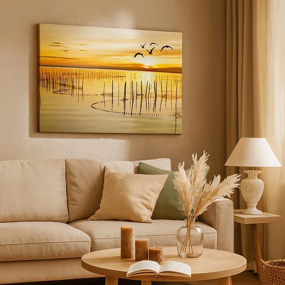 Canvas picture - Sunset over the water with birds in flight - 70x50cm - At a Fishery - Modern wall decoration for the living room and bedroom ARTTOR