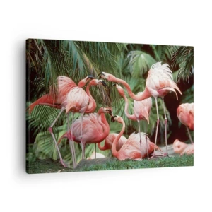 Canvas picture - A group of flamingos in a tropical setting surrounded by palm trees - 70x50cm - Afternoon Gossip - Modern wall decoration for the living room and bedroom ARTTOR