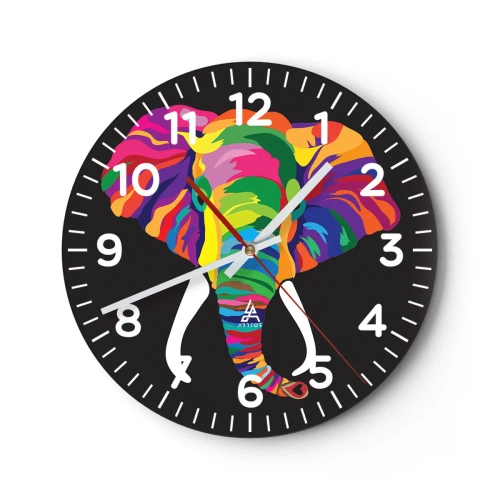 Wall clock - Clock on glass - Elephant That Enjoyed Rainbow Bath - 30x30 cm