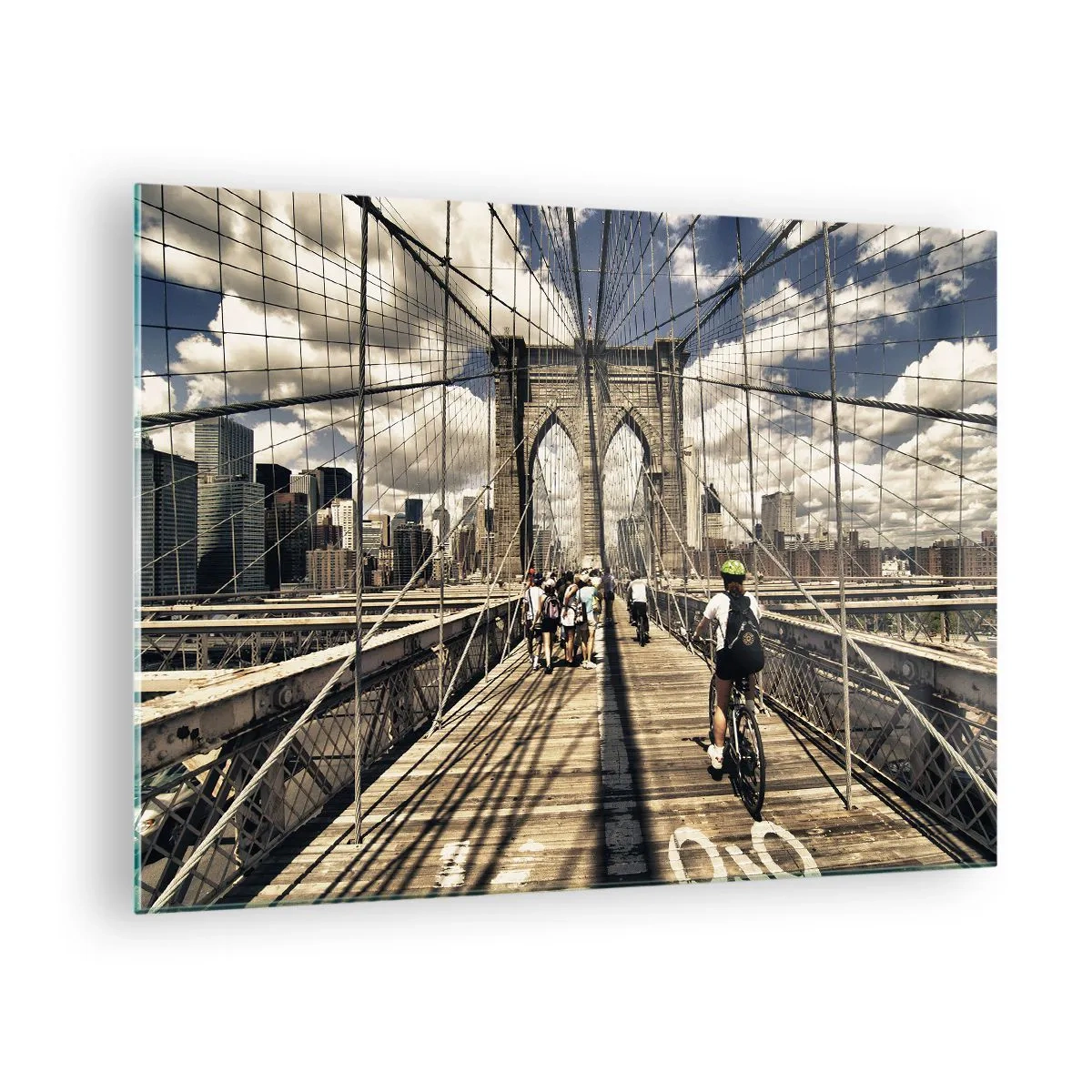 Glass picture - The Brooklyn Bridge on a sunny day with pedestrians and cyclists - 70x50cm - Straight to the Heart of the City - Modern wall decoration for the living room and bedroom ARTTOR