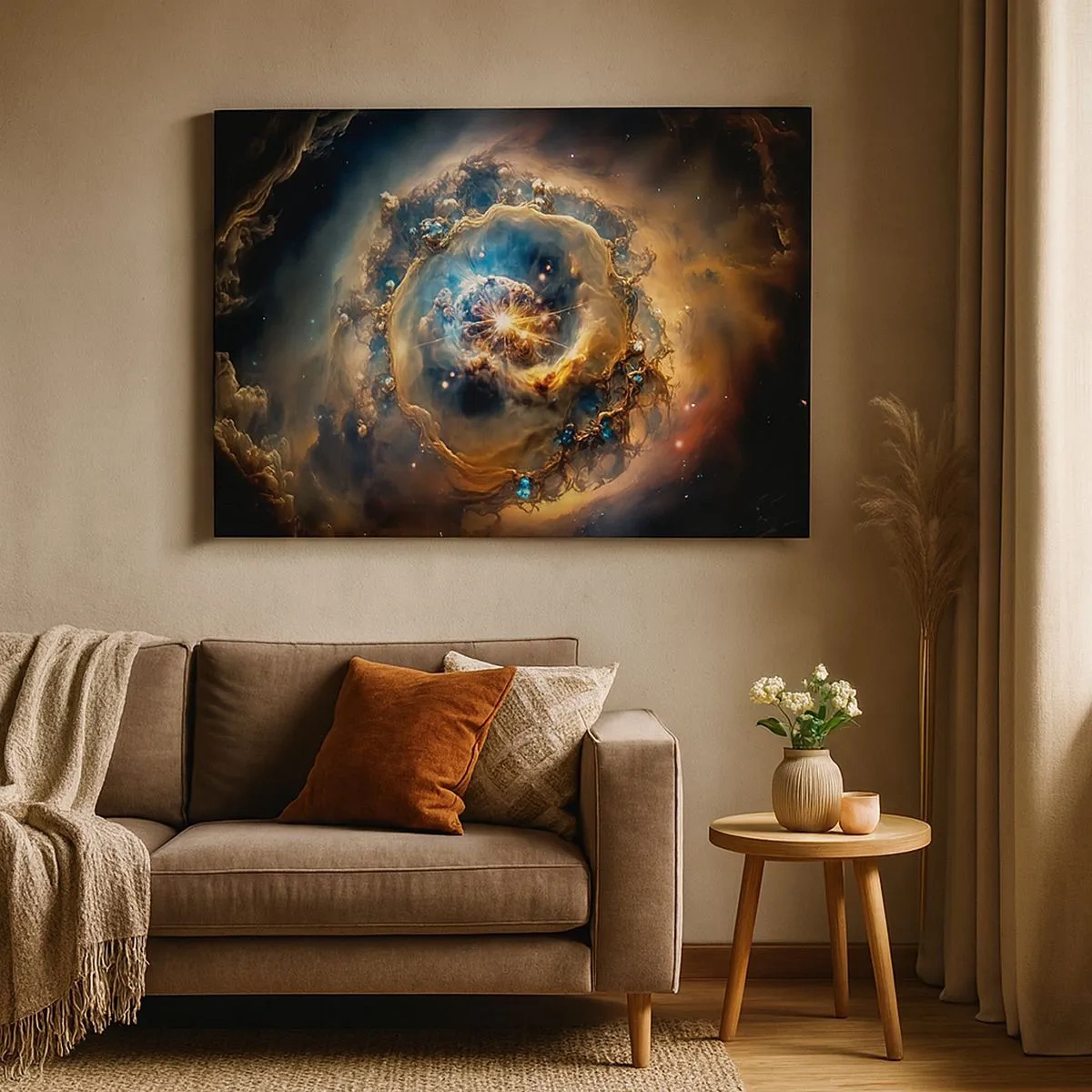 Canvas picture - An abstract vision of a cosmic explosion in shades of gold and blue. - 70x50cm - Beginning - Modern wall decoration for the living room and bedroom ARTTOR