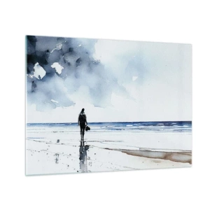 Glass picture - Silhouette of a person on the seashore in delicate watercolor - 70x50cm - Conversation with the Sea - Modern wall decoration for the living room and bedroom ARTTOR