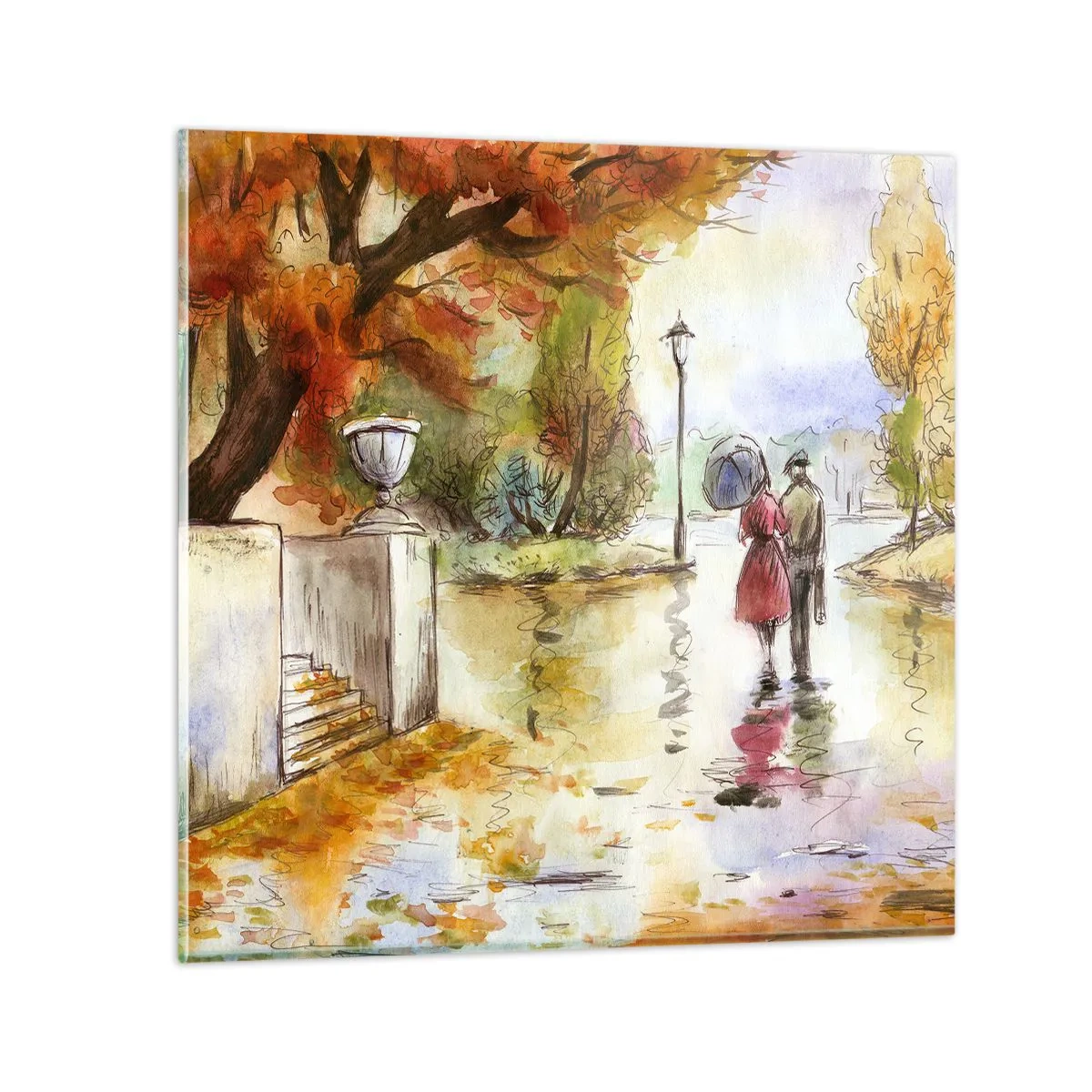 Glass picture - Romantic Autumn in a Park - 40x40 cm