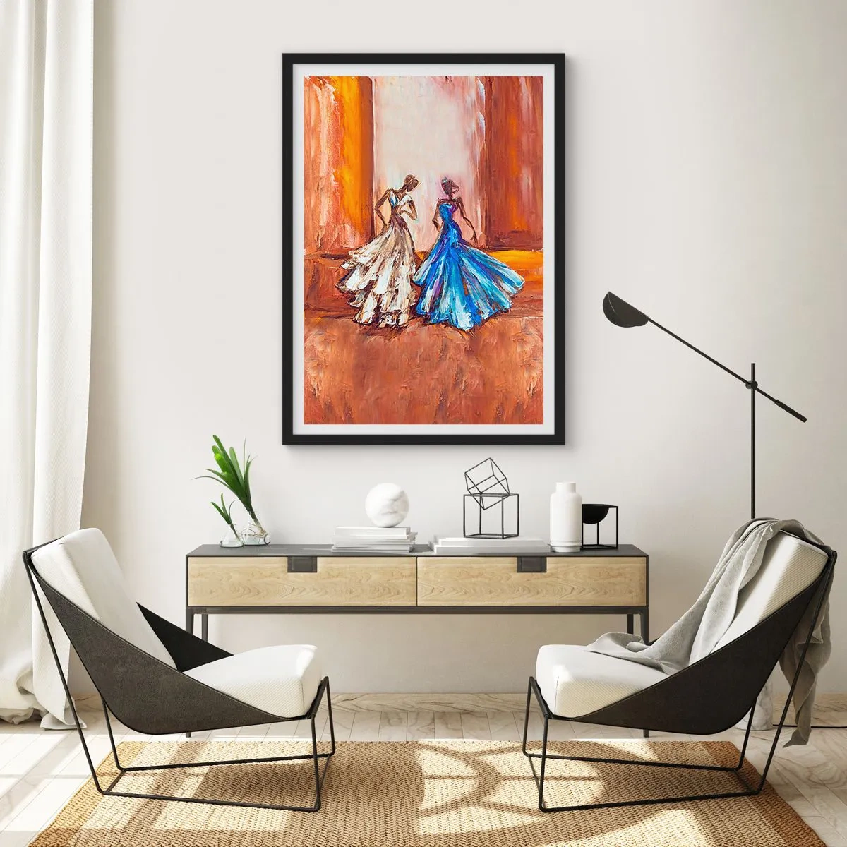 Poster in black frame - Two women in dresses against the backdrop of a golden interior - 50x70cm - Charming Duo - Modern wall decoration for the living room and bedroom ARTTOR