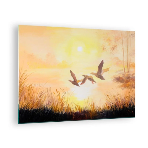 Glass picture - Three ducks flying over a lake at sunrise - 70x50cm - Beginning of a Distant Journey - Modern wall decoration for the living room and bedroom ARTTOR