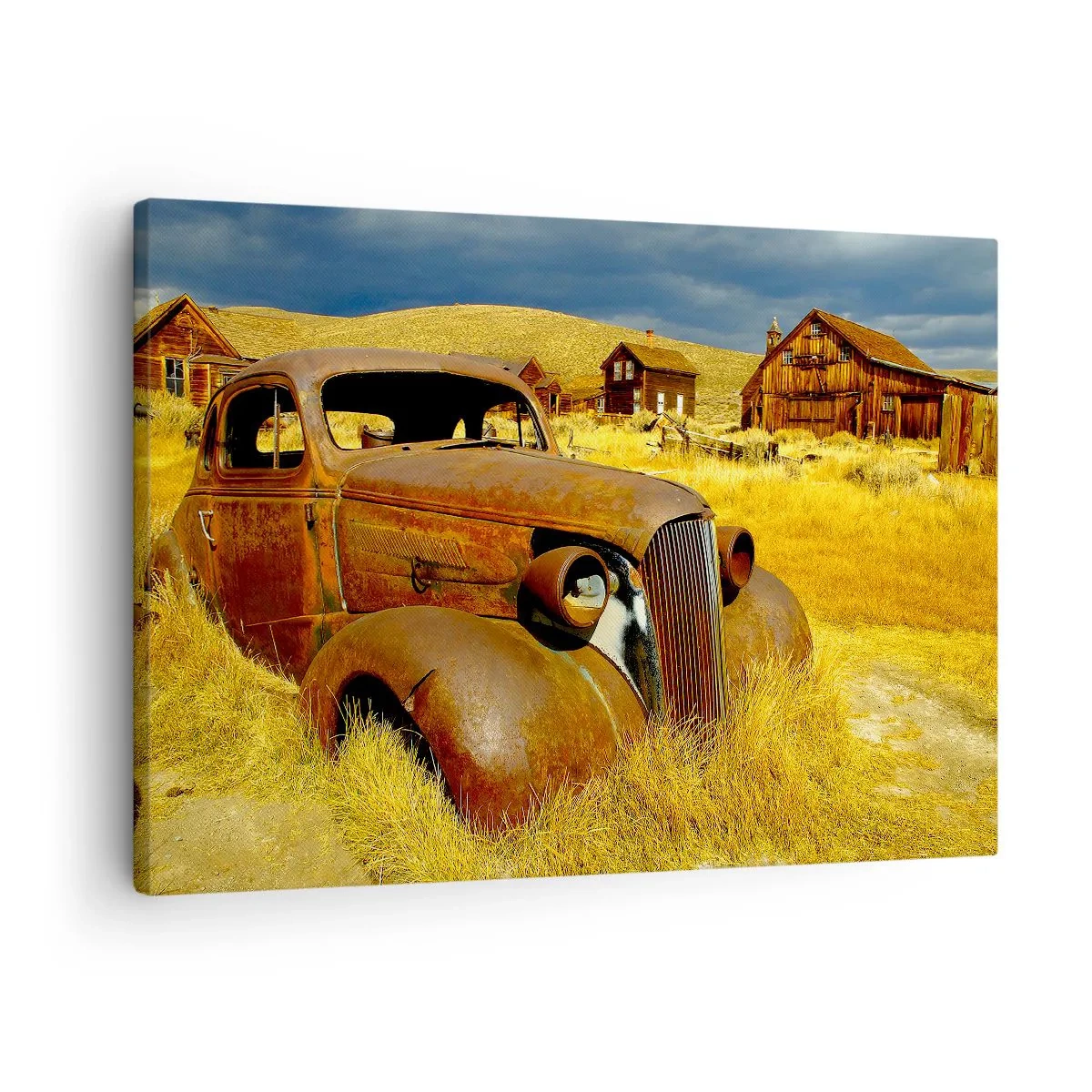 Canvas picture - An old rusty car against the backdrop of abandoned wooden huts - 70x50cm - Deserved Rest - Modern wall decoration for the living room and bedroom ARTTOR