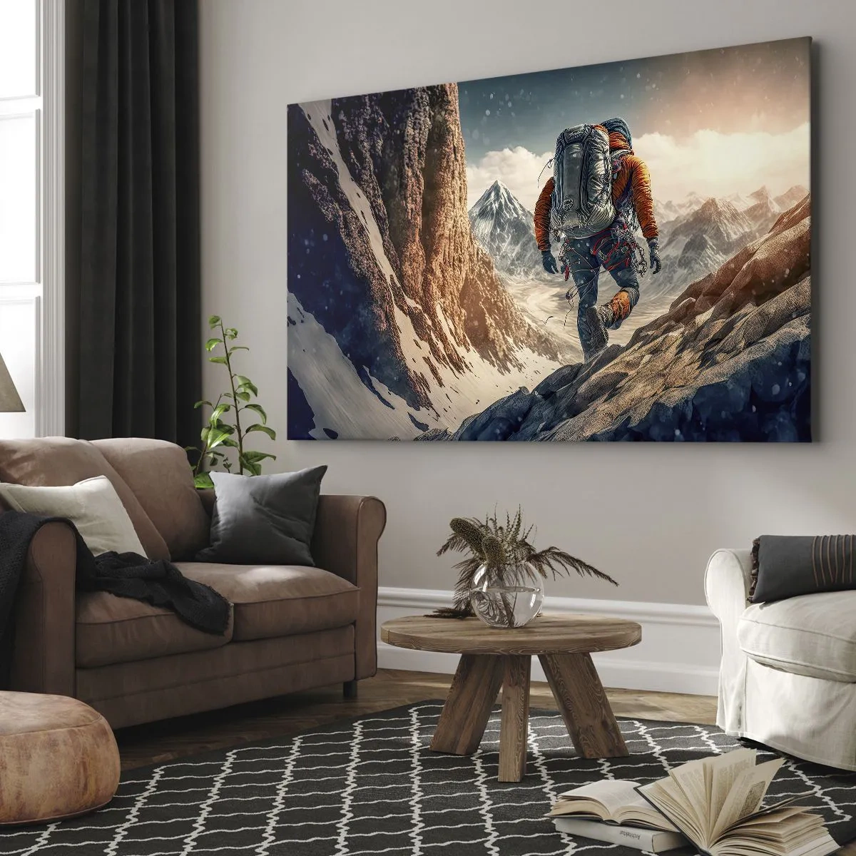Canvas picture - A climber on a mountain trail in a winter landscape - 70x50cm - Lonely Warrior - Modern wall decoration for the living room and bedroom ARTTOR