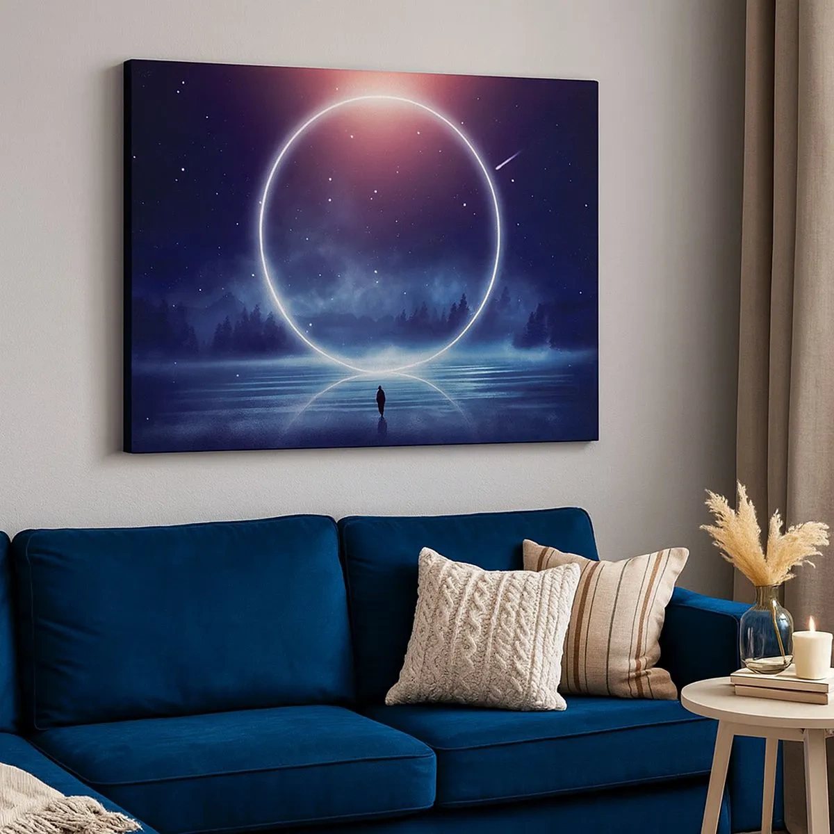 Canvas picture - A magical landscape with a figure and a circle of light at night - 70x50cm - They are Already Here… - Modern wall decoration for the living room and bedroom ARTTOR