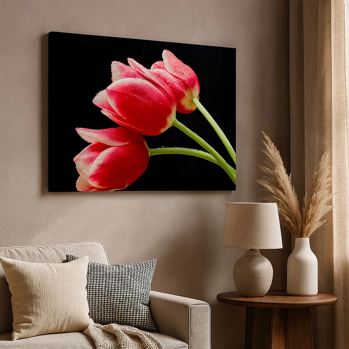 Canvas picture - Red tulips with dew drops on a black background - 70x50cm - Promise of Pure Love - Modern wall decoration for the living room and bedroom ARTTOR