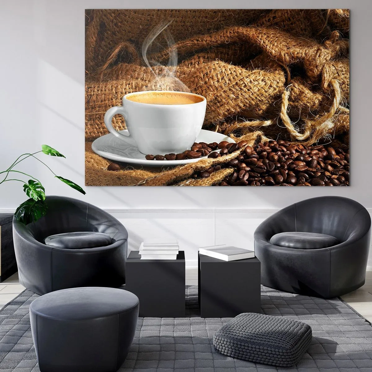 Glass picture - A cup of coffee with beans on a jute background - 70x50cm - Smell of a Mocha and Density of a Honey Drink - Modern wall decoration for the living room and bedroom ARTTOR