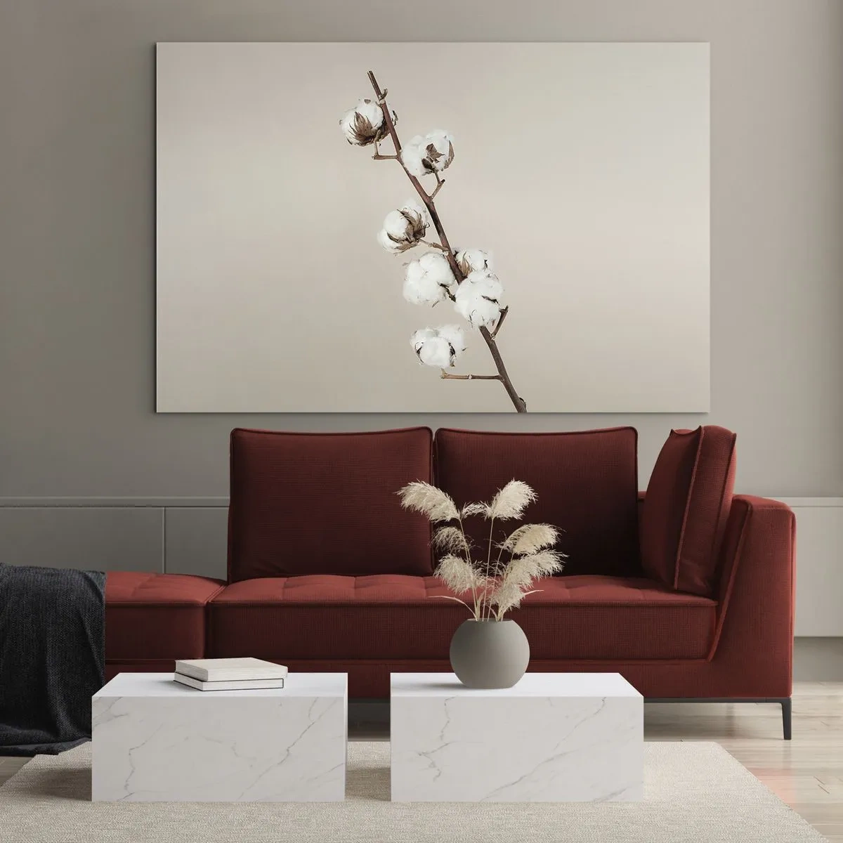 Glass picture - A sprig of cotton on a light, minimalist background - 70x50cm - At the Heart of Softness - Modern wall decoration for the living room and bedroom ARTTOR