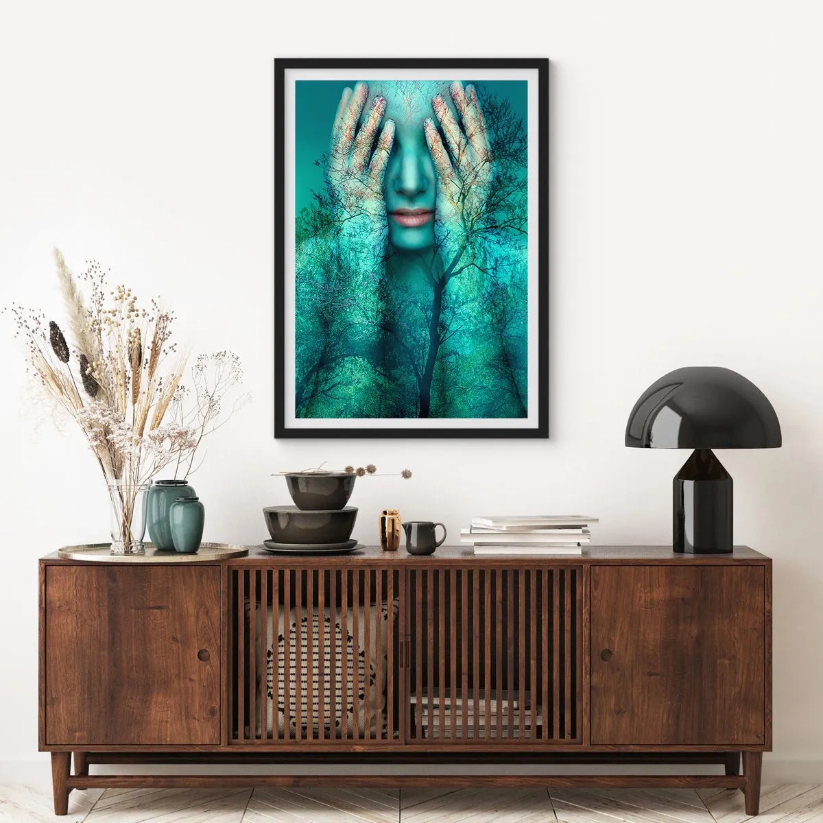 Poster in black frame - A woman's face with a forest landscape in a double exposure style. - 50x70cm - Submerged in Blue - Modern wall decoration for the living room and bedroom ARTTOR