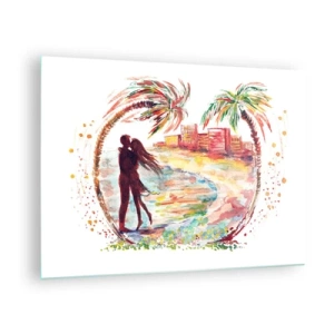 Glass picture - Romantic couple in a tropical setting with palm trees - 70x50cm - Romantic Holiday - Modern wall decoration for the living room and bedroom ARTTOR